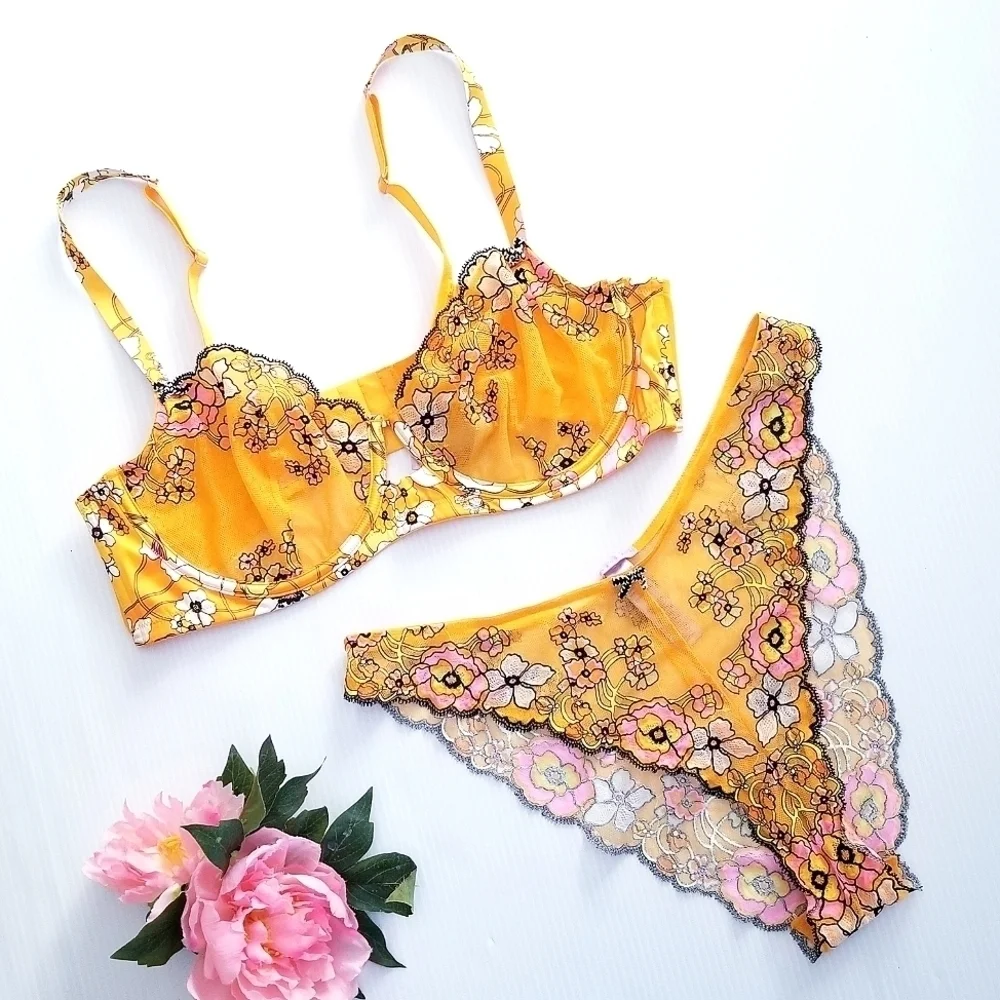 SAVAGE X FENTY Mod Poppy Bra & Panty Set 40D 1X Orange 🍊 Floral Lace
